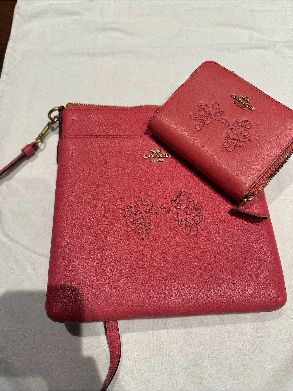 Coach Pink Mickey and Minnie  Leather Crossbody Bag and matching wallet.  New.